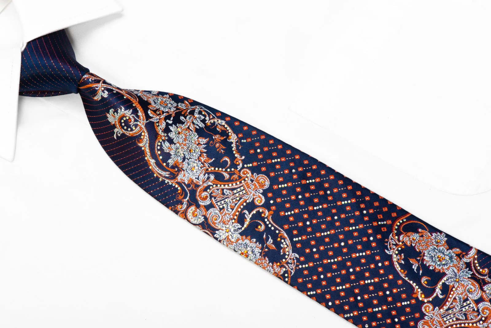 Rhinestone Silk Necktie Silver Orange Acanthus Floral Scrolls On Blue With Sparkles