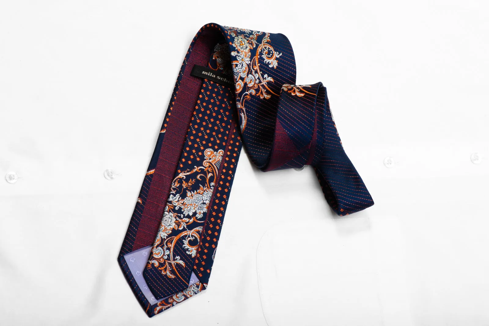 Rhinestone Silk Necktie Silver Orange Acanthus Floral Scrolls On Blue With Sparkles