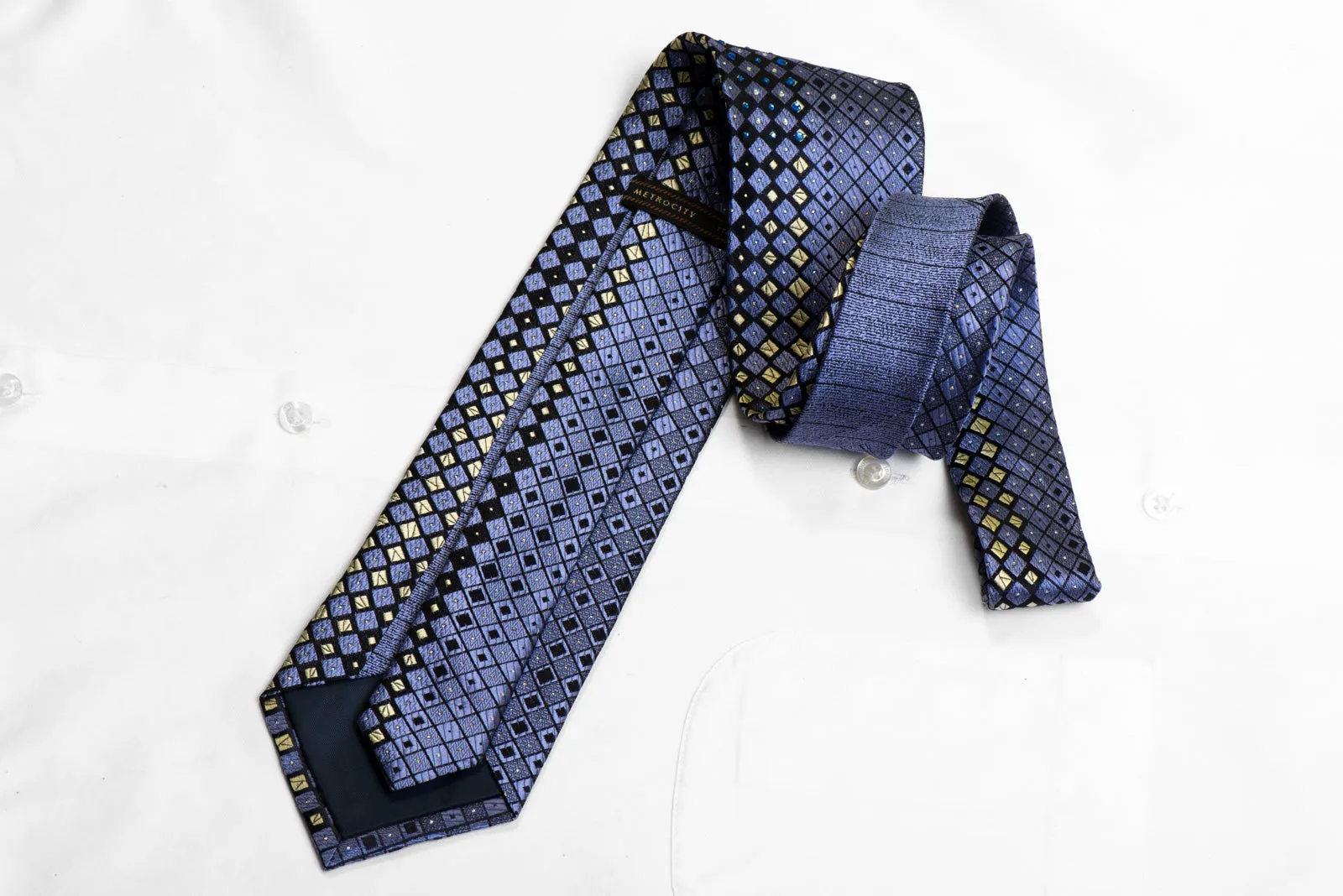 Rhinestone Silk Tie Blue Navy Silver Geometric With Rhinestones & Silver Sparkles