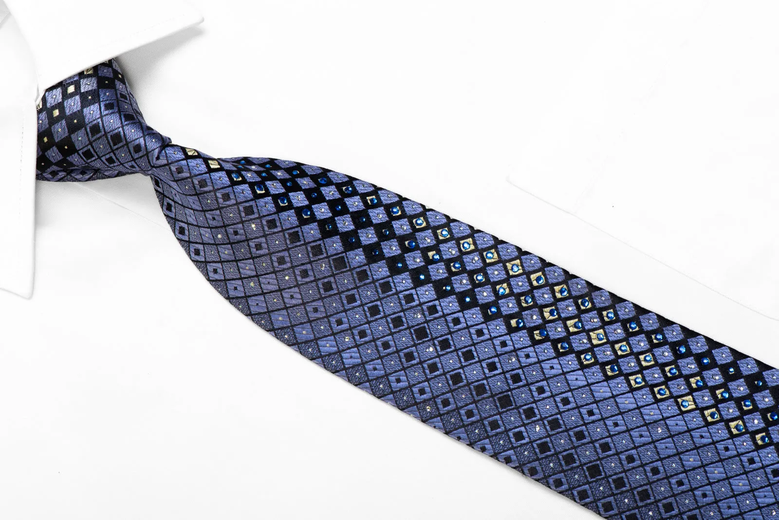 Rhinestone Silk Tie Blue Navy Silver Geometric With Rhinestones & Silver Sparkles