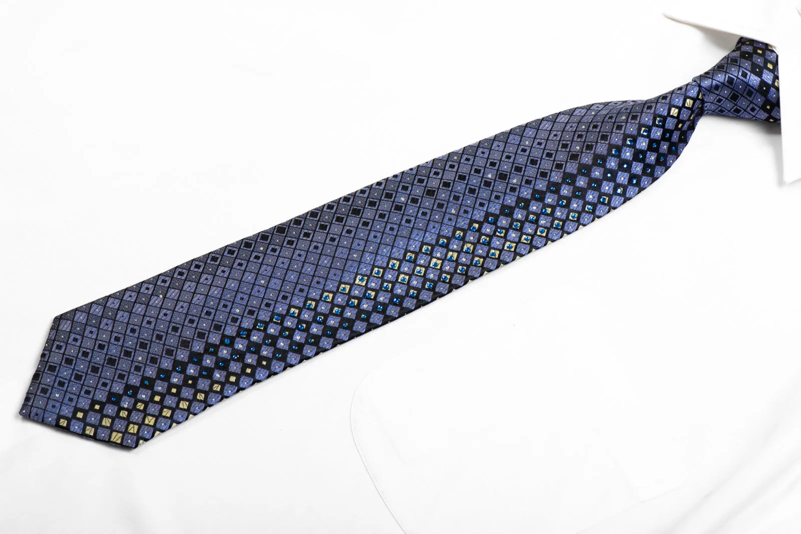 Rhinestone Silk Tie Blue Navy Silver Geometric With Rhinestones & Silver Sparkles