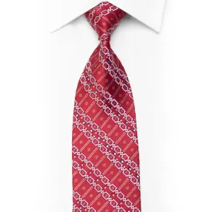 Rhinestone Silk Tie Silver Interlocking Striped Pattern On Red With Sparkles
