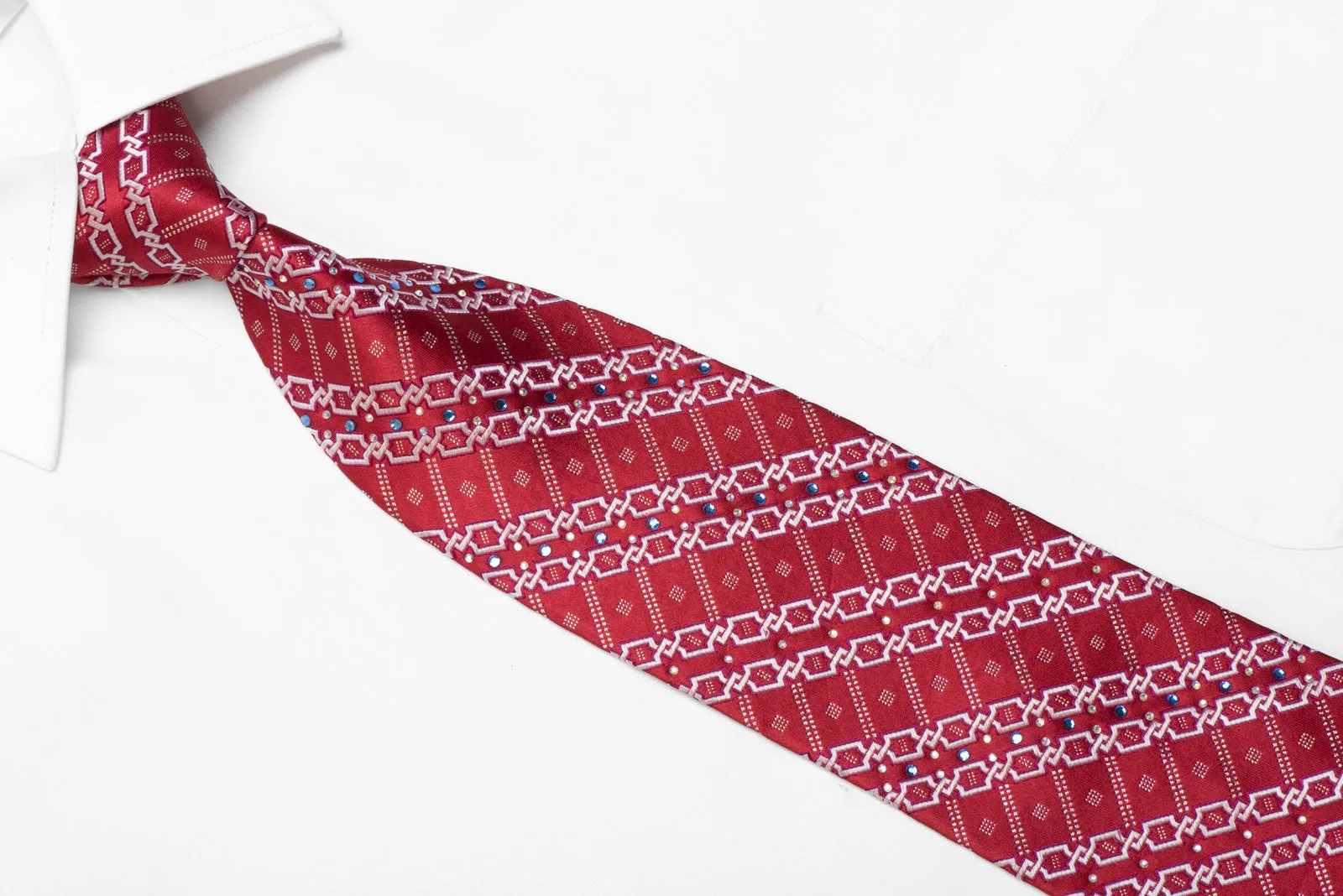 Rhinestone Silk Tie Silver Interlocking Striped Pattern On Red With Sparkles