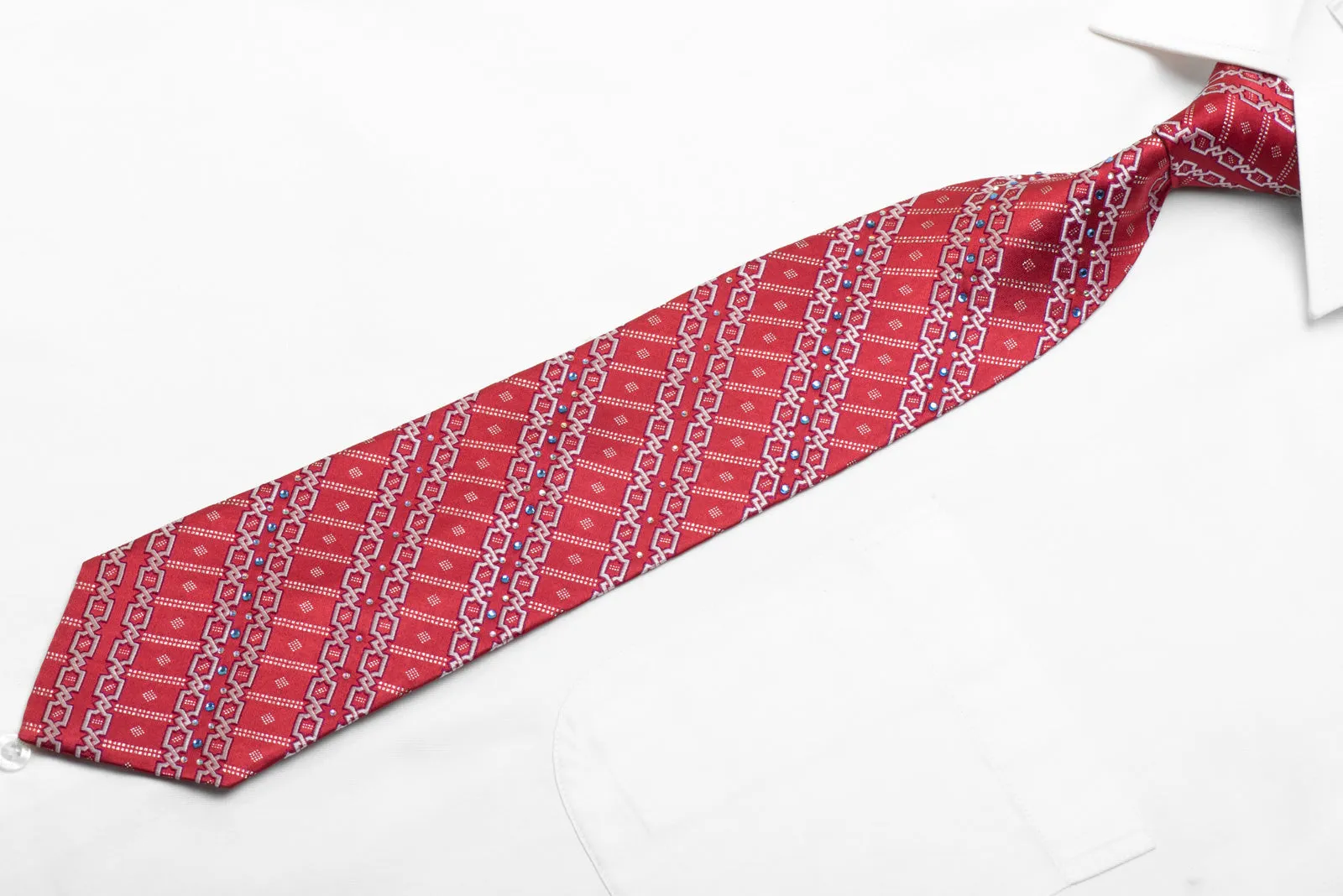 Rhinestone Silk Tie Silver Interlocking Striped Pattern On Red With Sparkles