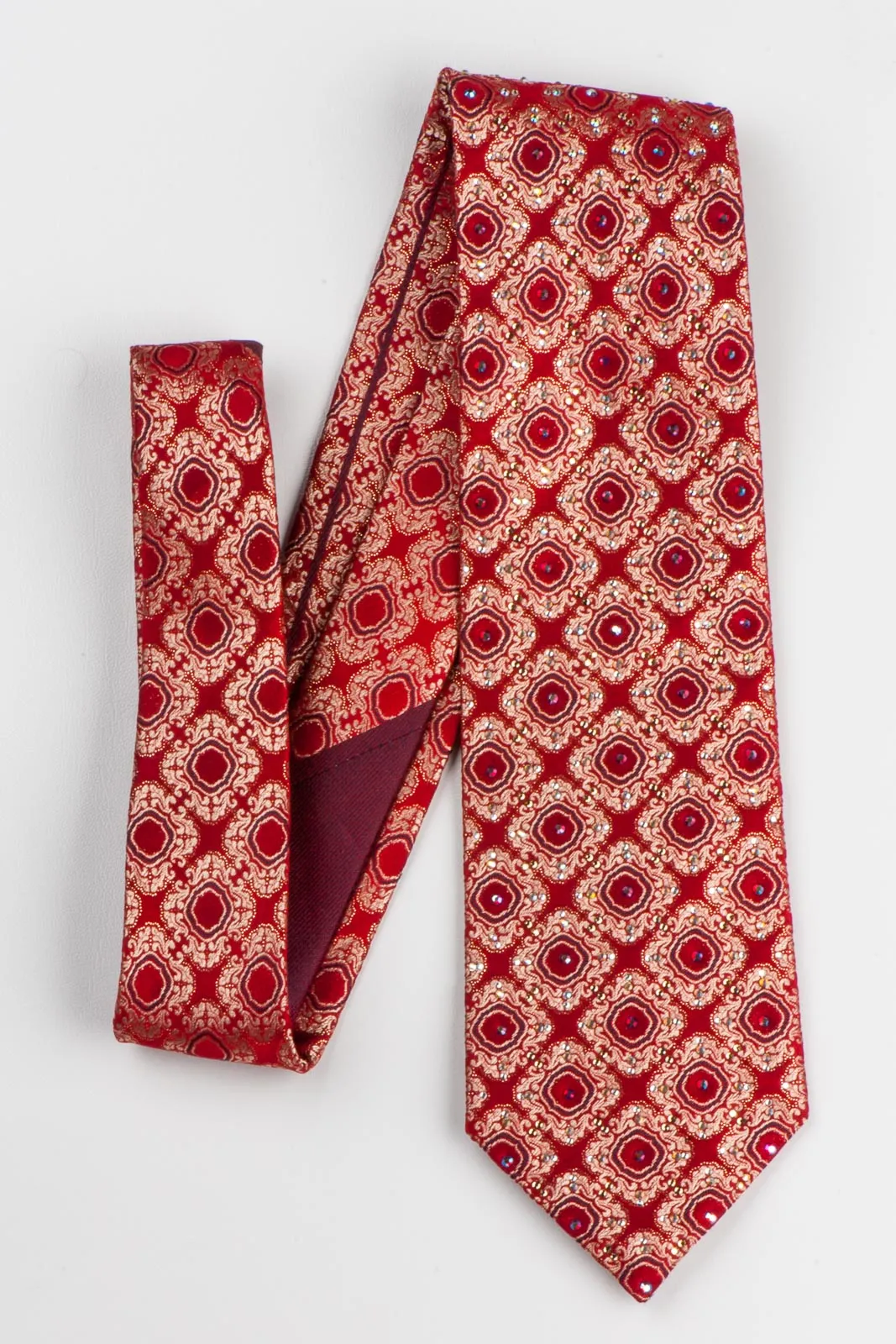 Rhinestone Tie By Daniel Hechter Golden Cartouche Motif Design On Red