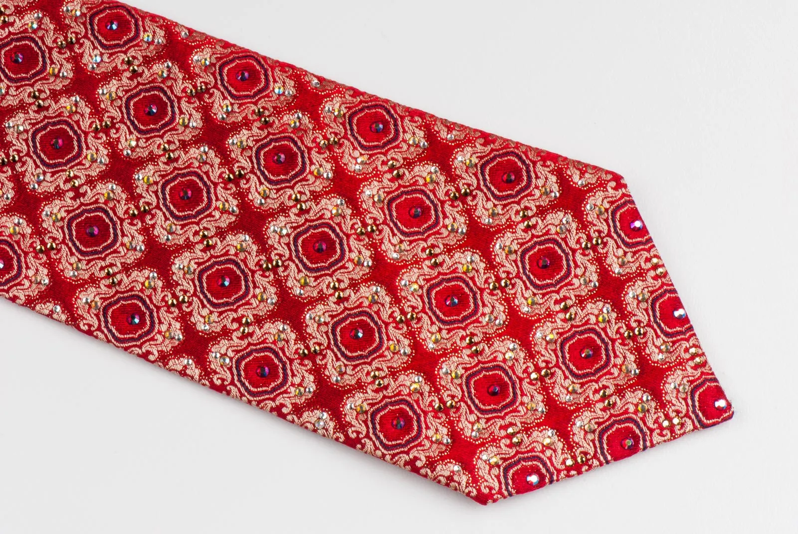 Rhinestone Tie By Daniel Hechter Golden Cartouche Motif Design On Red