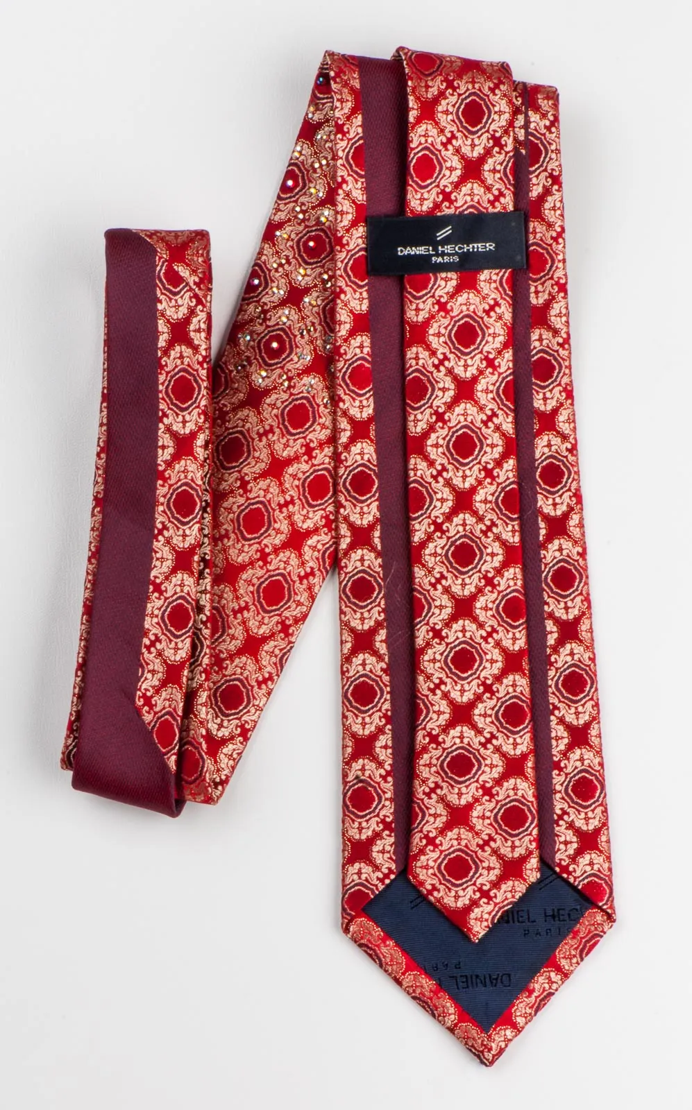 Rhinestone Tie By Daniel Hechter Golden Cartouche Motif Design On Red