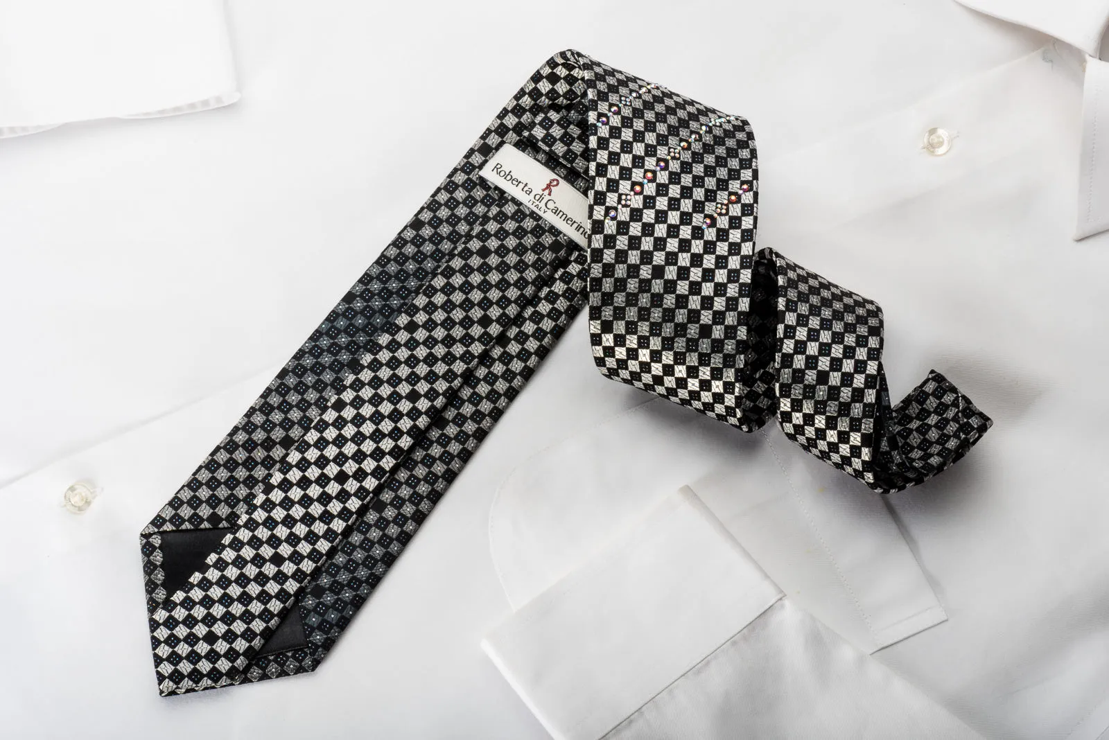 Roberta di Camerino Bling Rhinestone Necktie Silver Black Checkered With Sparkles