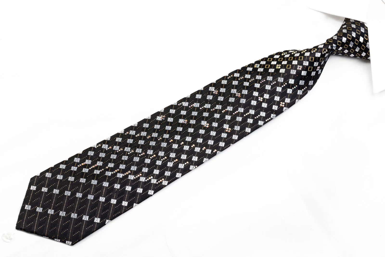 Roberta di Camerino Men's Silk Rhinestone Necktie Silver Geometric Squares On Black
