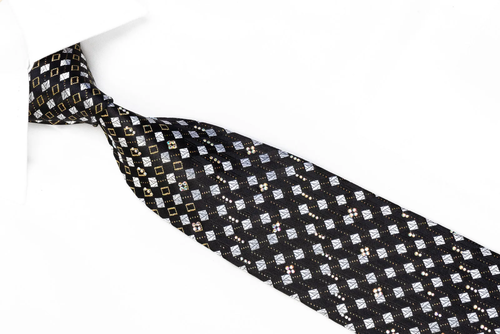 Roberta di Camerino Men's Silk Rhinestone Necktie Silver Geometric Squares On Black