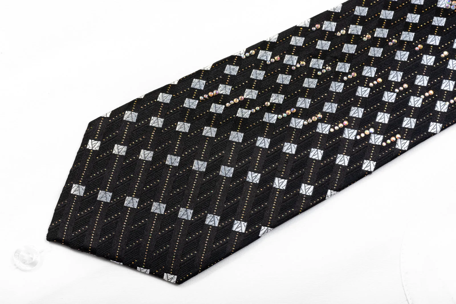 Roberta di Camerino Men's Silk Rhinestone Necktie Silver Geometric Squares On Black