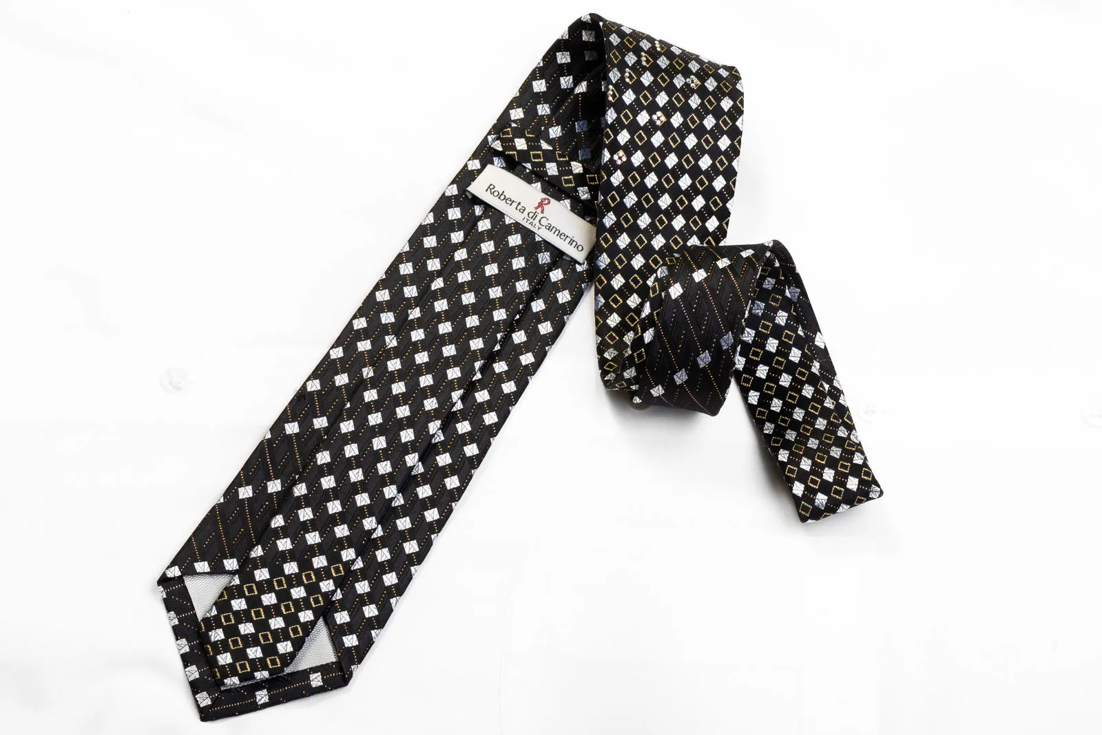 Roberta di Camerino Men's Silk Rhinestone Necktie Silver Geometric Squares On Black
