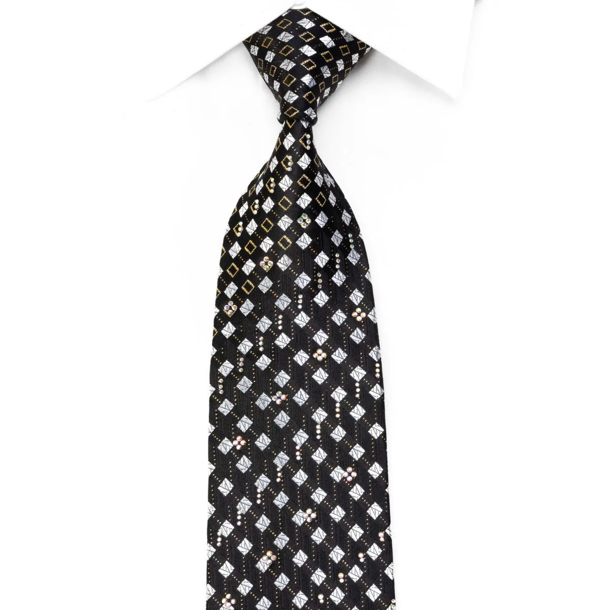Roberta di Camerino Men's Silk Rhinestone Necktie Silver Geometric Squares On Black
