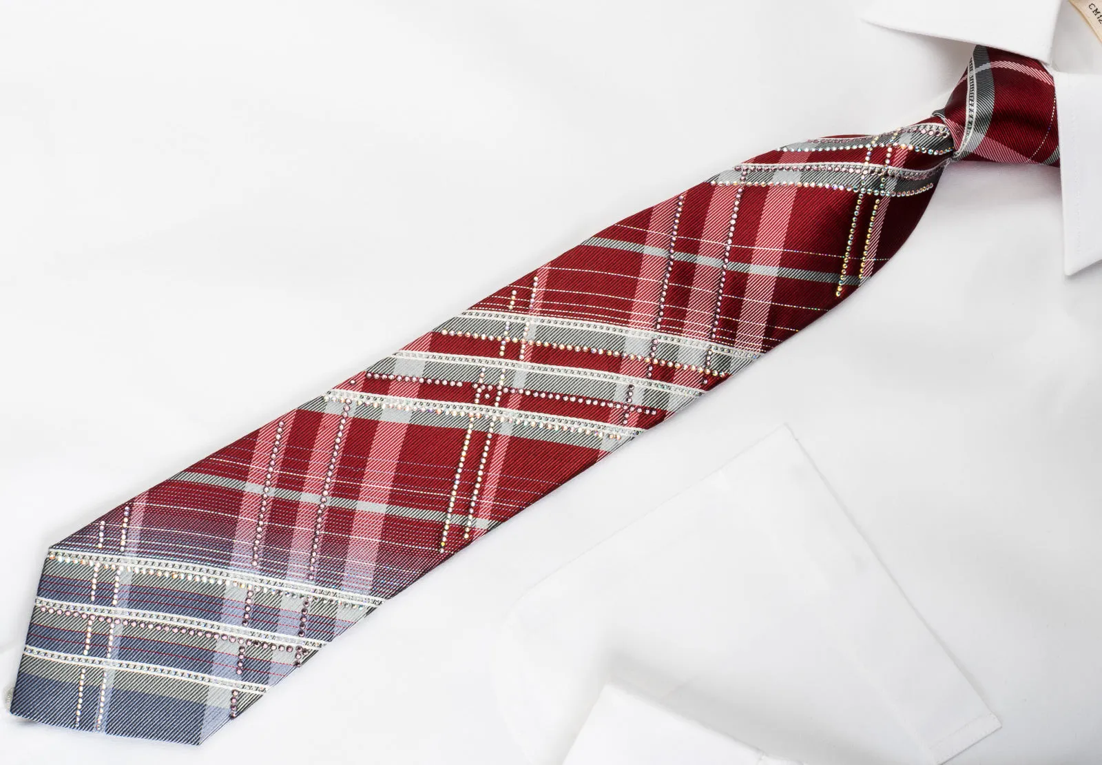 Roberta di Camerino Rhinestone Silk Necktie Burgundy Silver Plaid With Sparkles