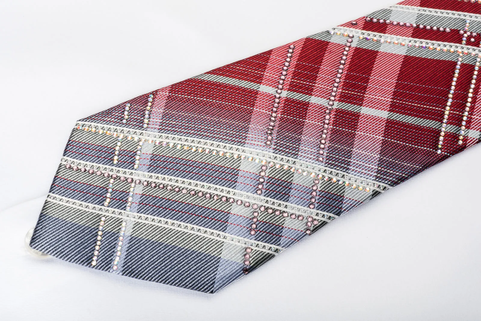 Roberta di Camerino Rhinestone Silk Necktie Burgundy Silver Plaid With Sparkles