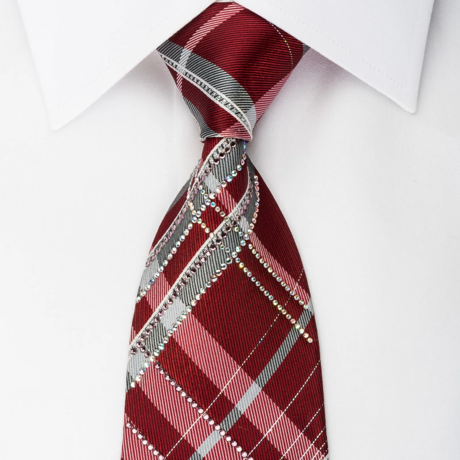 Roberta di Camerino Rhinestone Silk Necktie Burgundy Silver Plaid With Sparkles