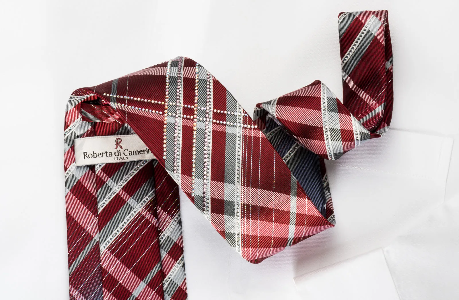 Roberta di Camerino Rhinestone Silk Necktie Burgundy Silver Plaid With Sparkles