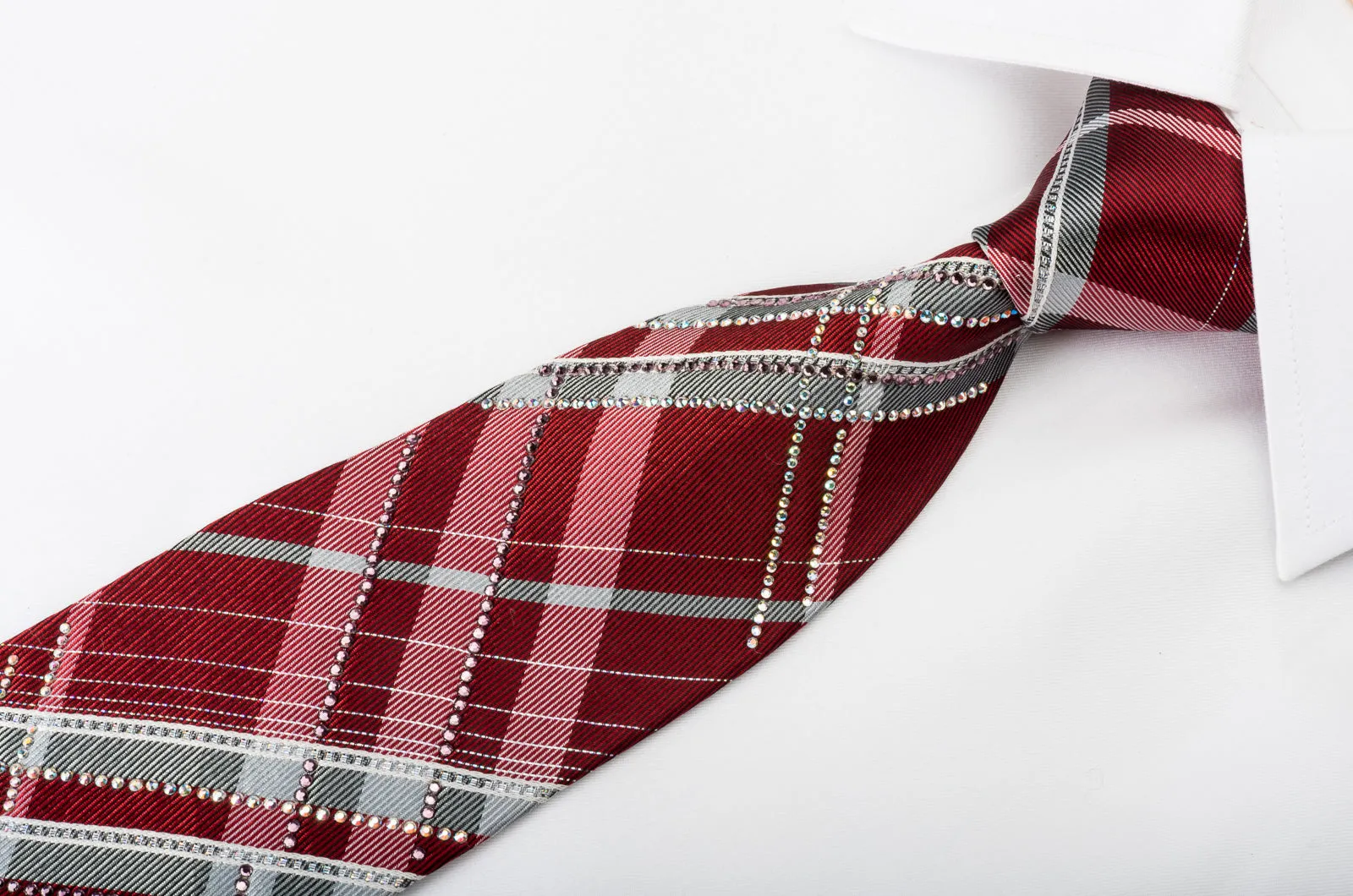 Roberta di Camerino Rhinestone Silk Necktie Burgundy Silver Plaid With Sparkles