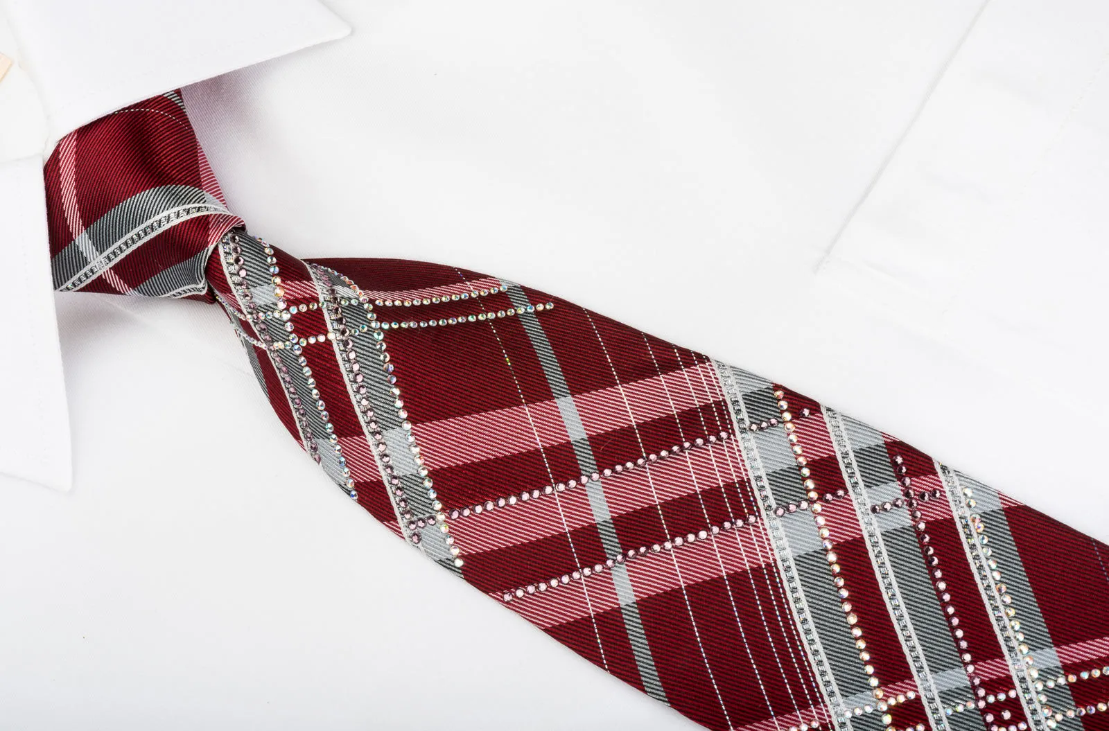 Roberta di Camerino Rhinestone Silk Necktie Burgundy Silver Plaid With Sparkles
