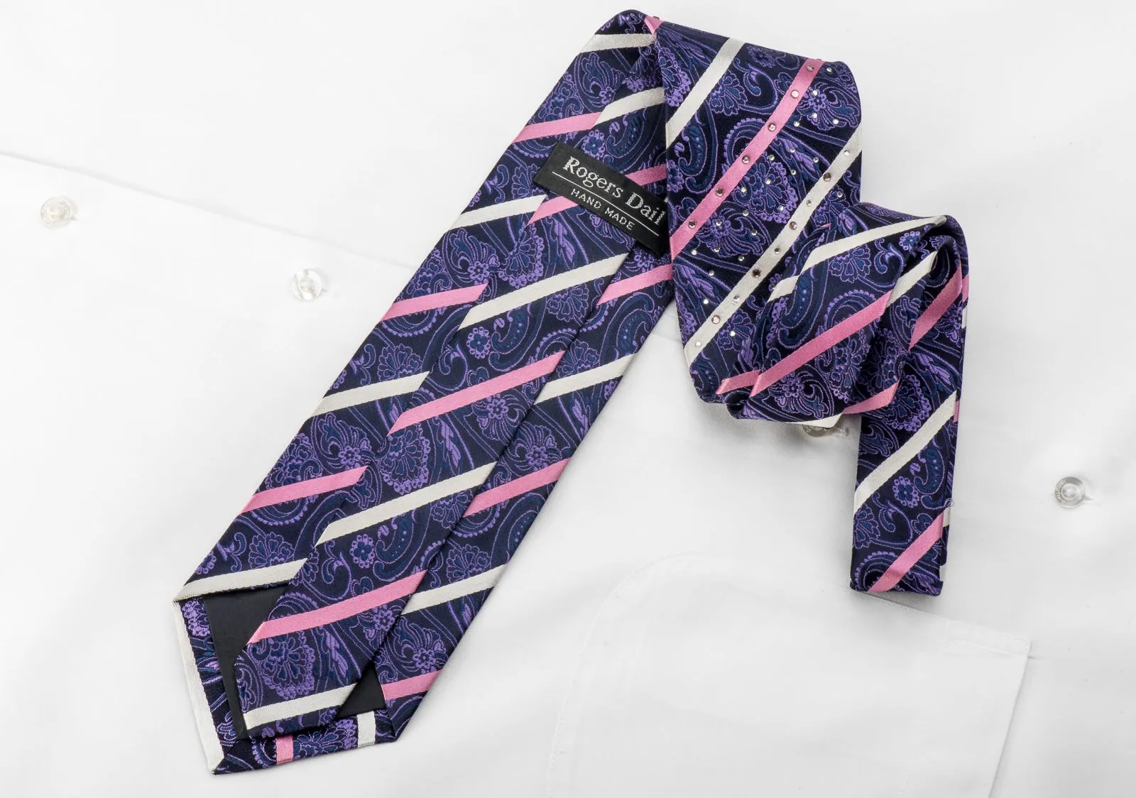 Rogers Dail Men's Crystal Rhinestone Necktie Silver Pink Striped Purple Anthemion On Navy Silk