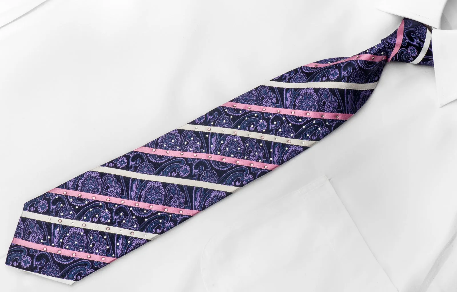 Rogers Dail Men's Crystal Rhinestone Necktie Silver Pink Striped Purple Anthemion On Navy Silk