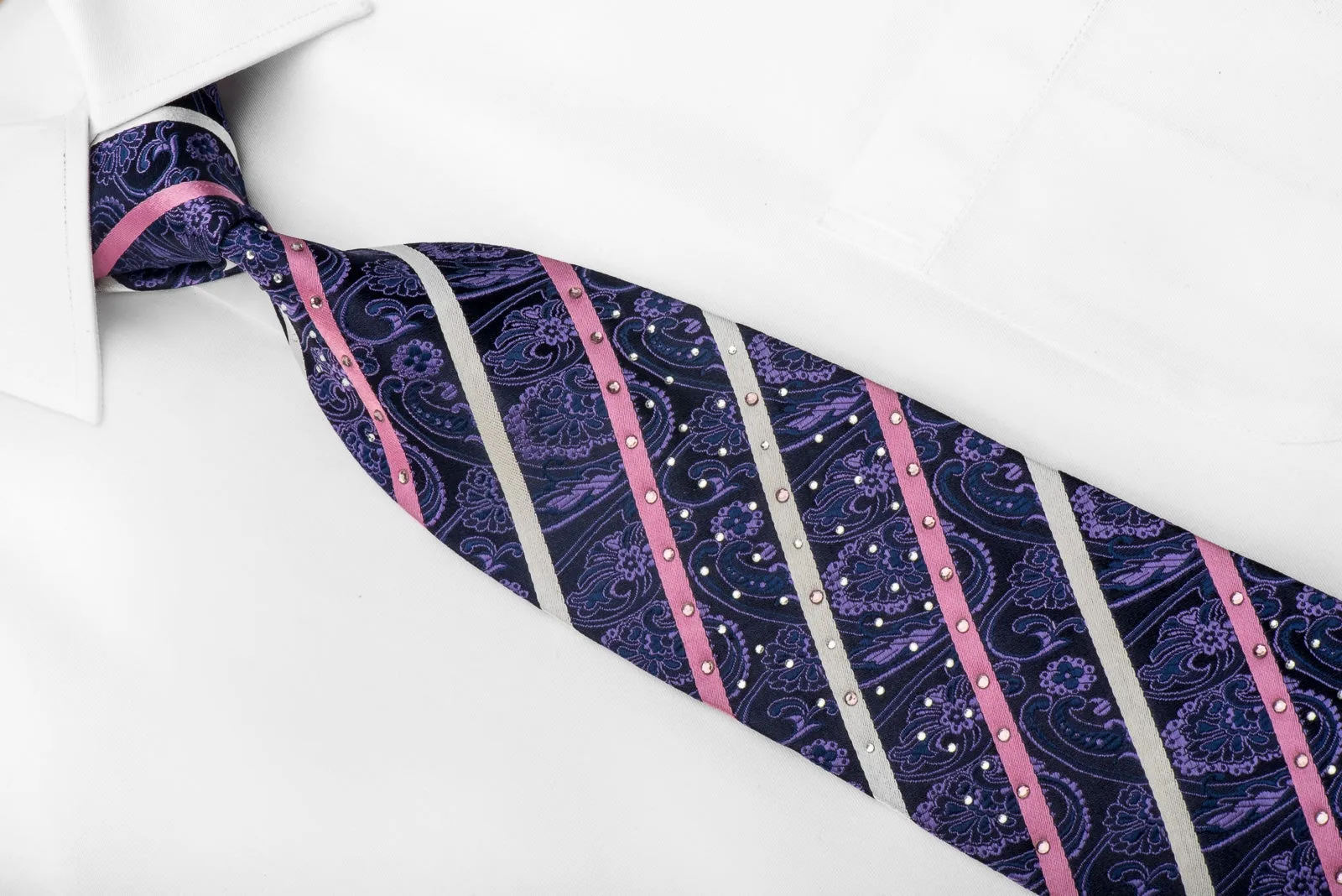 Rogers Dail Men's Crystal Rhinestone Necktie Silver Pink Striped Purple Anthemion On Navy Silk