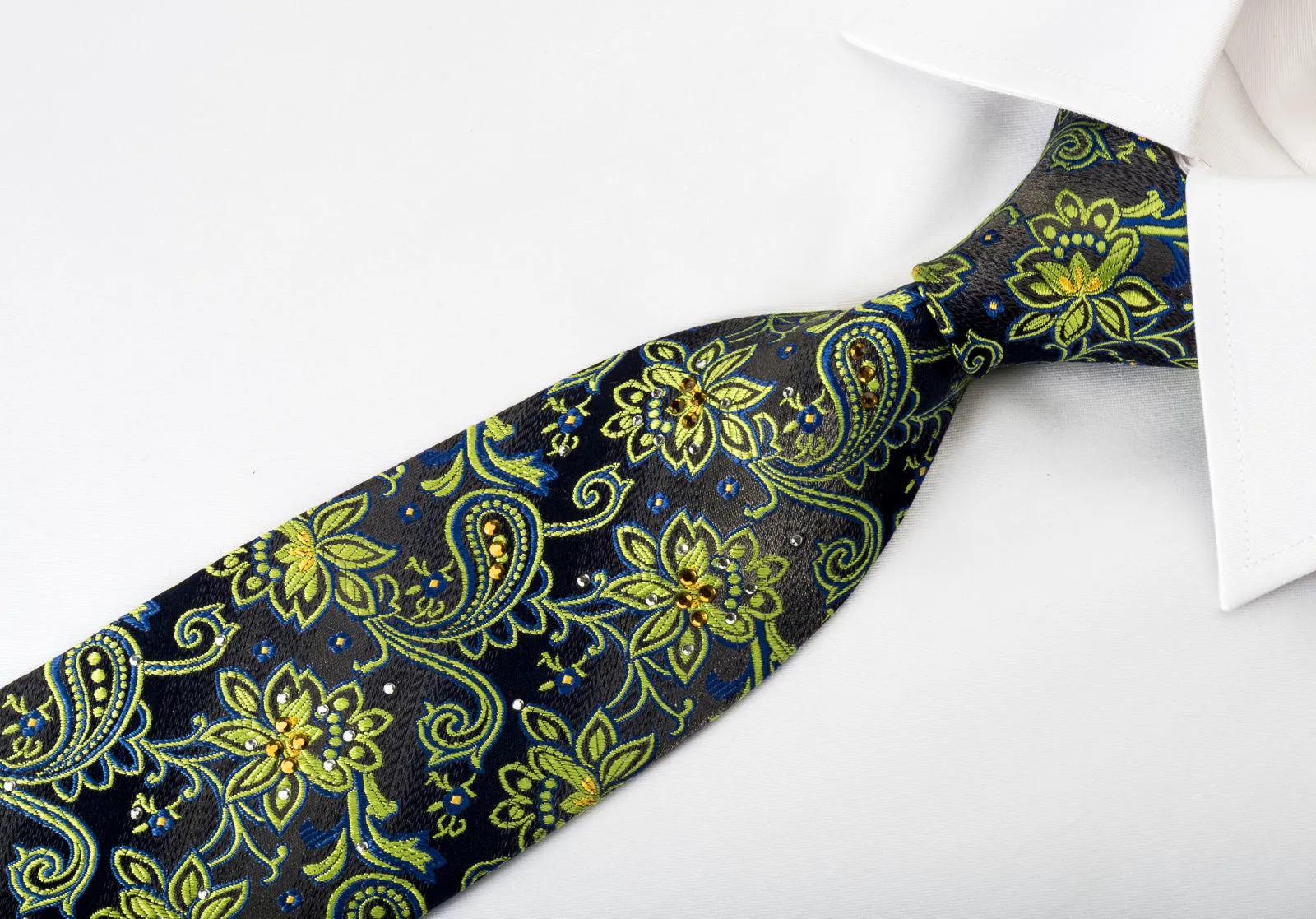 Rogers Dail Rhinestone Necktie Green Floral Paisley On Gray Silk