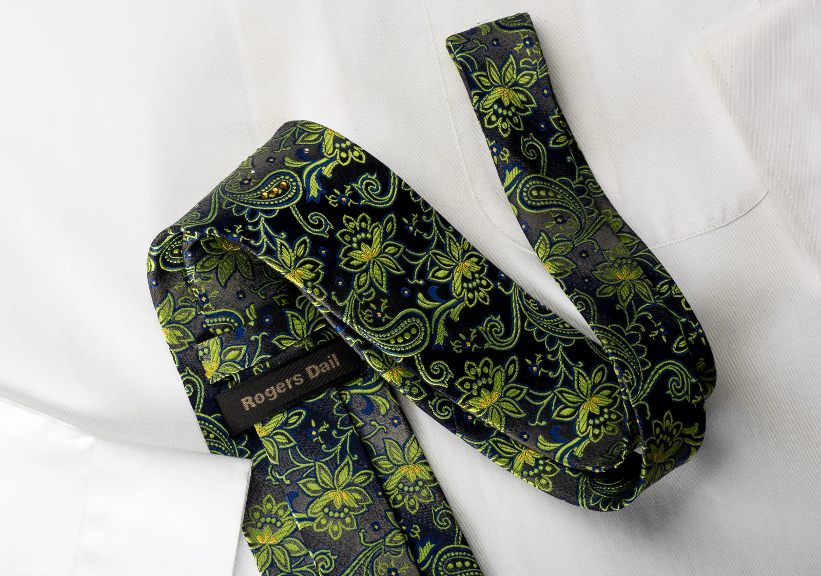 Rogers Dail Rhinestone Necktie Green Floral Paisley On Gray Silk