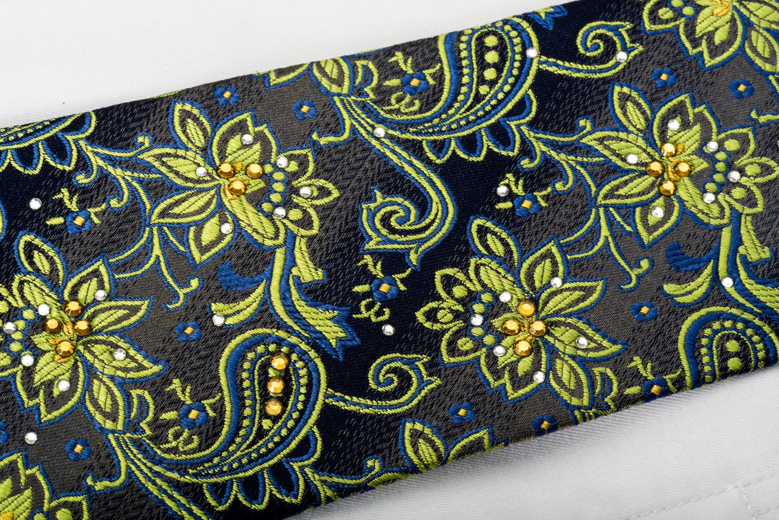 Rogers Dail Rhinestone Necktie Green Floral Paisley On Gray Silk