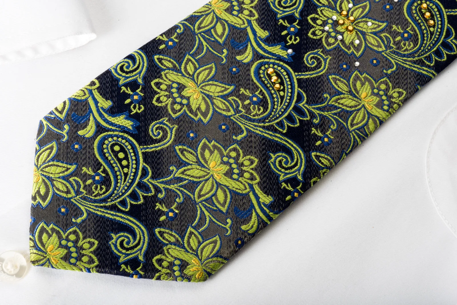 Rogers Dail Rhinestone Necktie Green Floral Paisley On Gray Silk