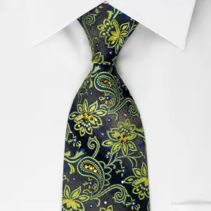 Rogers Dail Rhinestone Necktie Green Floral Paisley On Gray Silk