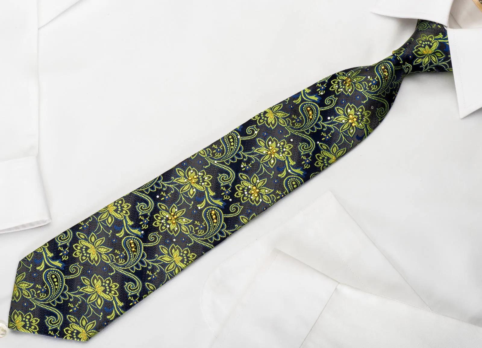 Rogers Dail Rhinestone Necktie Green Floral Paisley On Gray Silk