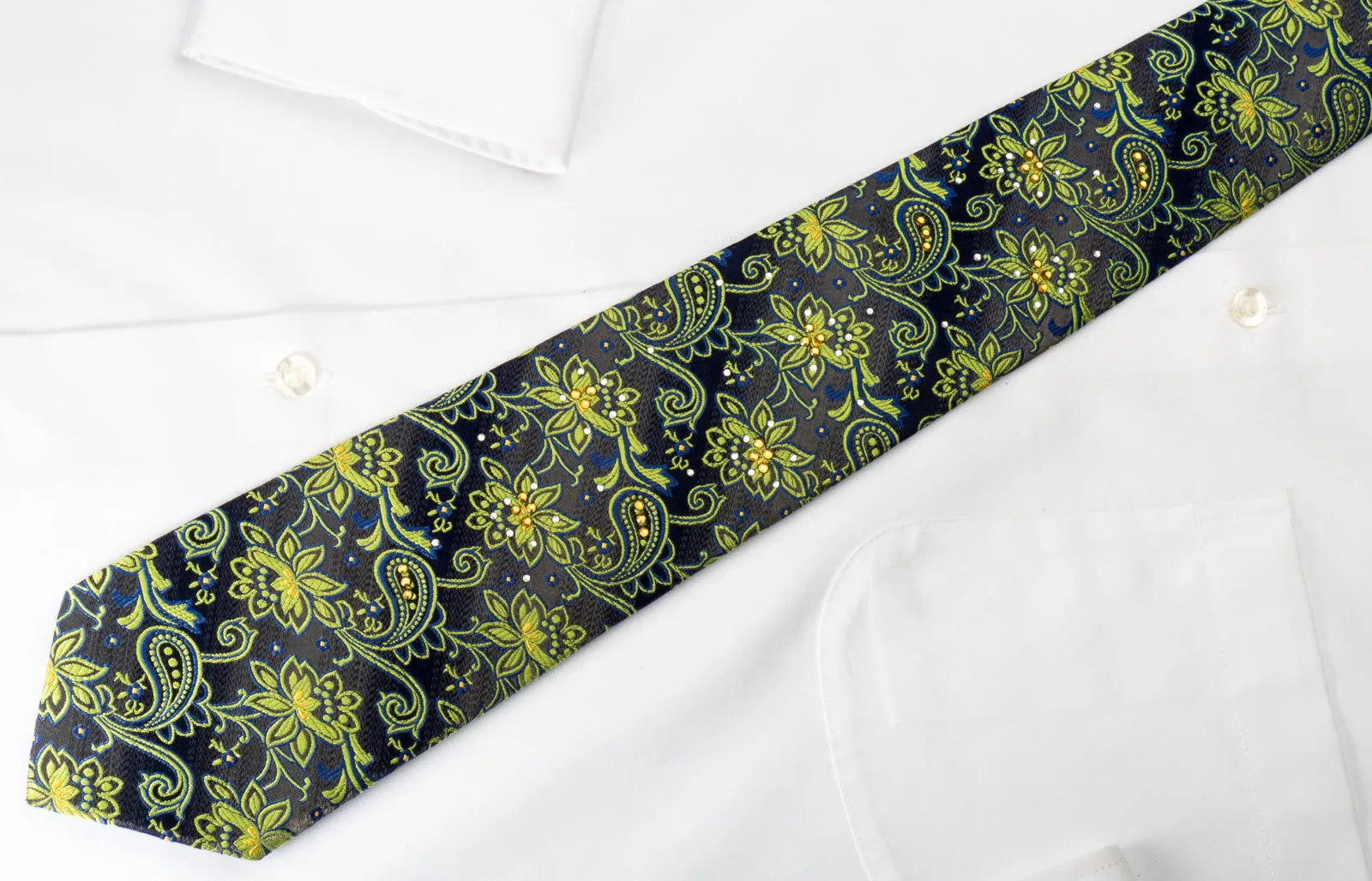 Rogers Dail Rhinestone Necktie Green Floral Paisley On Gray Silk