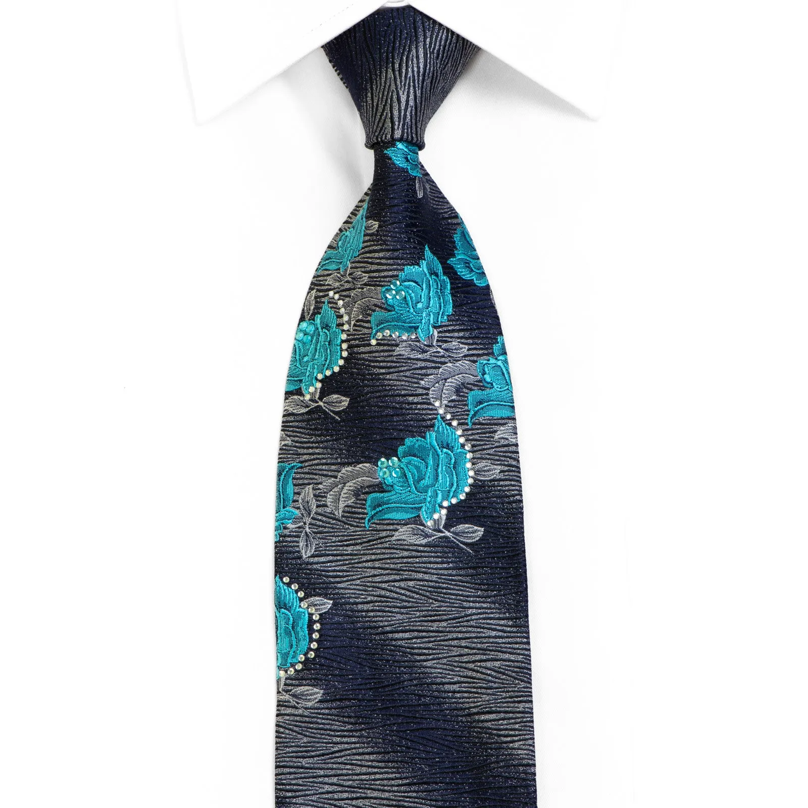 Rogers Dail Silk Necktie Blue Silver Floral On Navy Black With Rhinestones