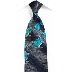 Rogers Dail Silk Necktie Blue Silver Floral On Navy Black With Rhinestones