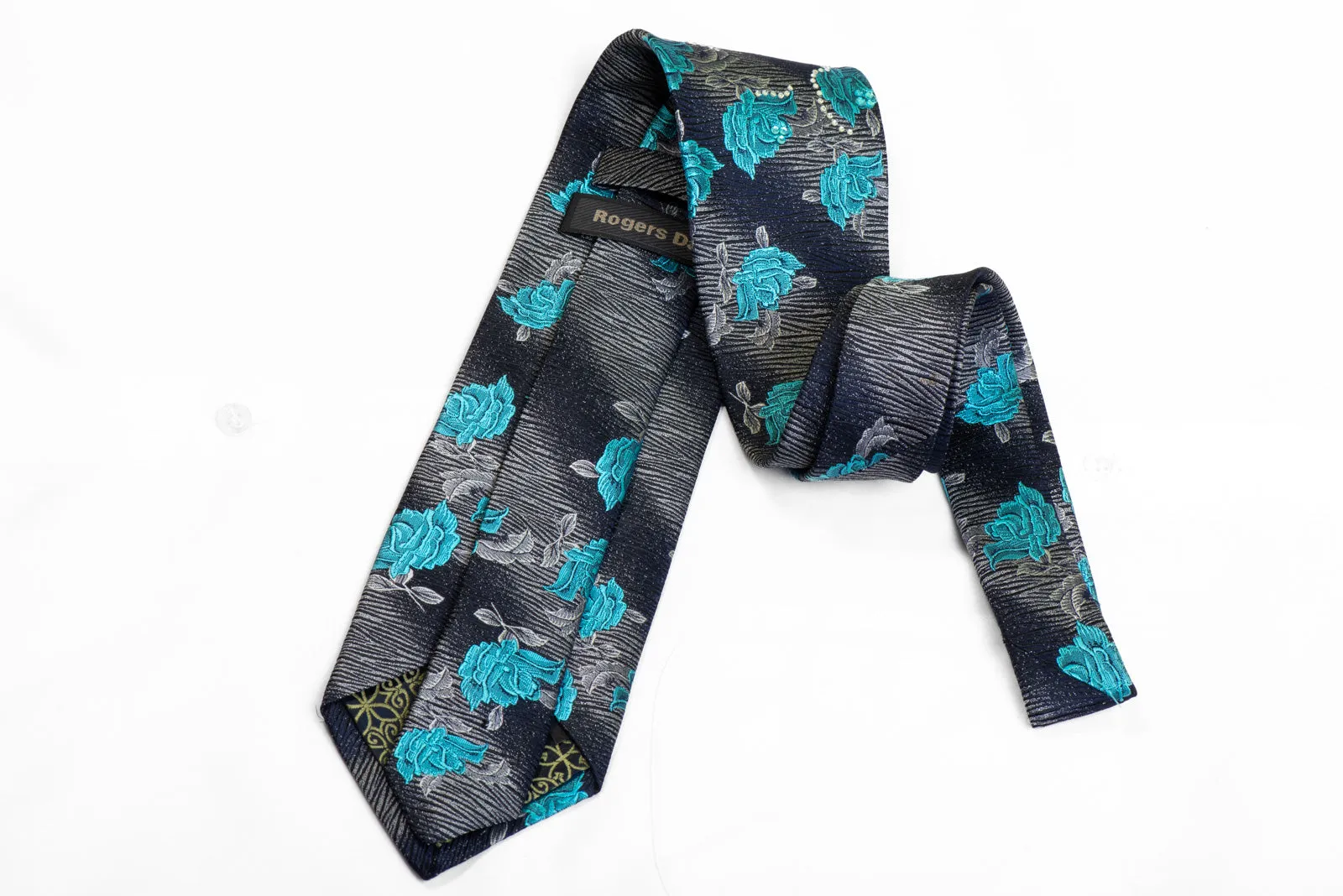 Rogers Dail Silk Necktie Blue Silver Floral On Navy Black With Rhinestones