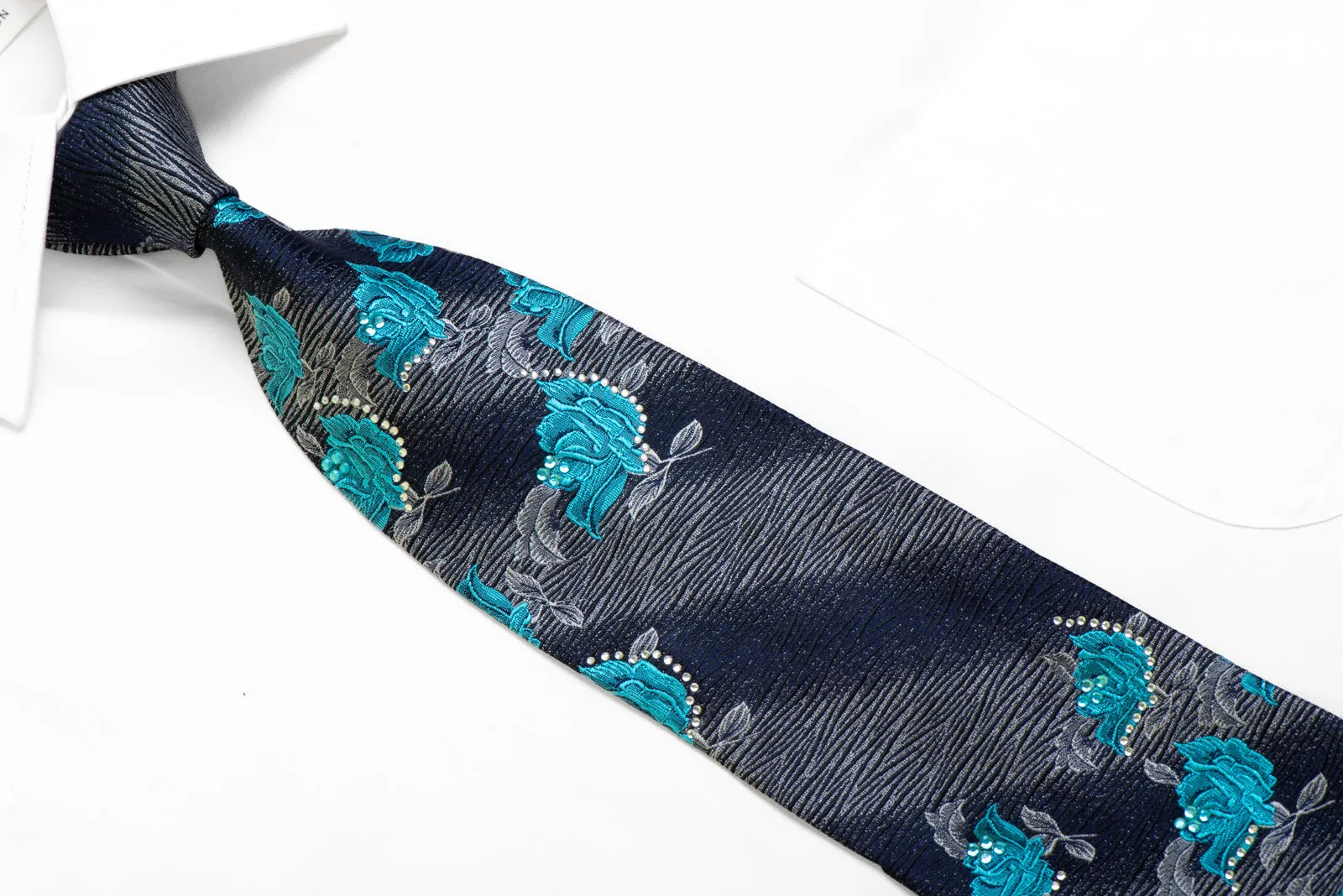 Rogers Dail Silk Necktie Blue Silver Floral On Navy Black With Rhinestones
