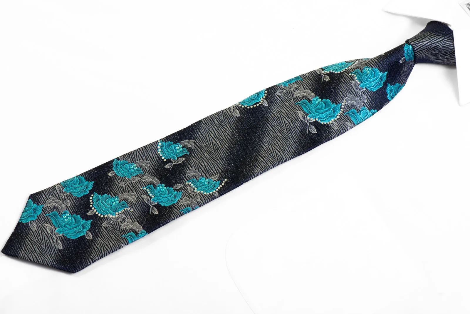 Rogers Dail Silk Necktie Blue Silver Floral On Navy Black With Rhinestones