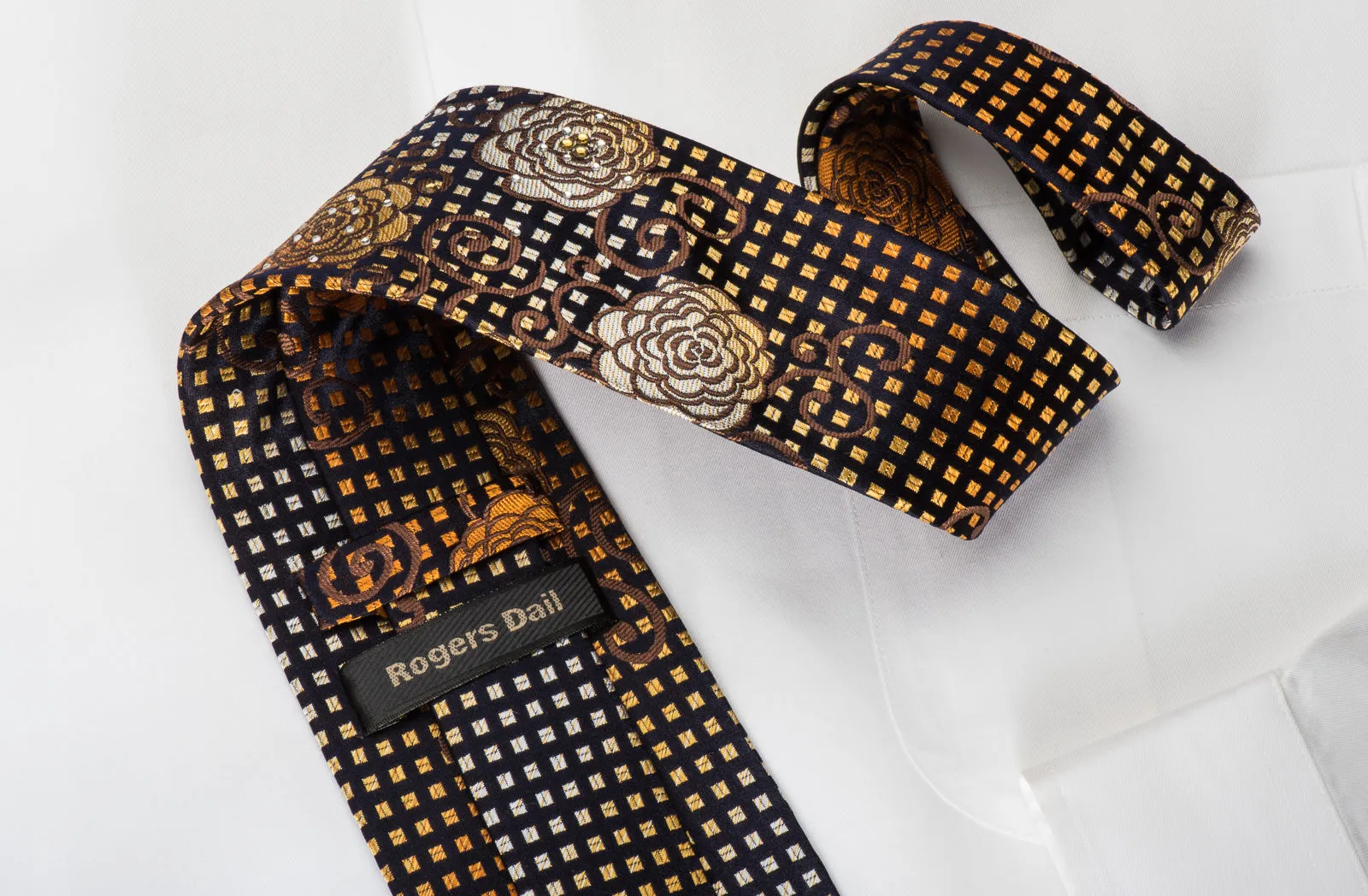 Rogers Dail Silk Necktie Orange Yellow Floral On Black With Rhinestones