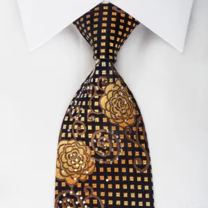 Rogers Dail Silk Necktie Orange Yellow Floral On Black With Rhinestones
