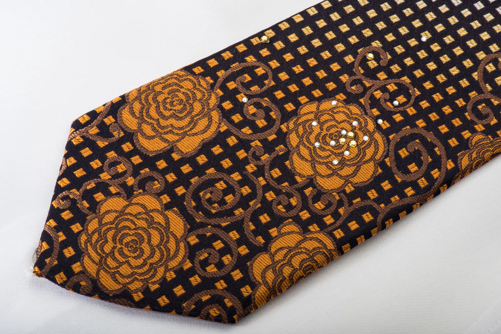 Rogers Dail Silk Necktie Orange Yellow Floral On Black With Rhinestones