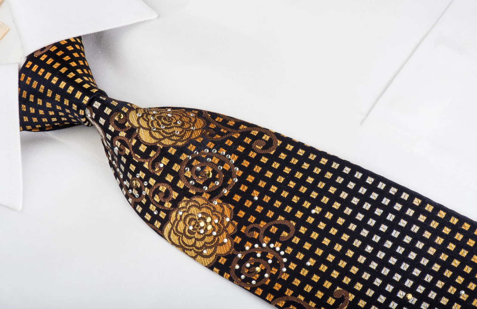 Rogers Dail Silk Necktie Orange Yellow Floral On Black With Rhinestones