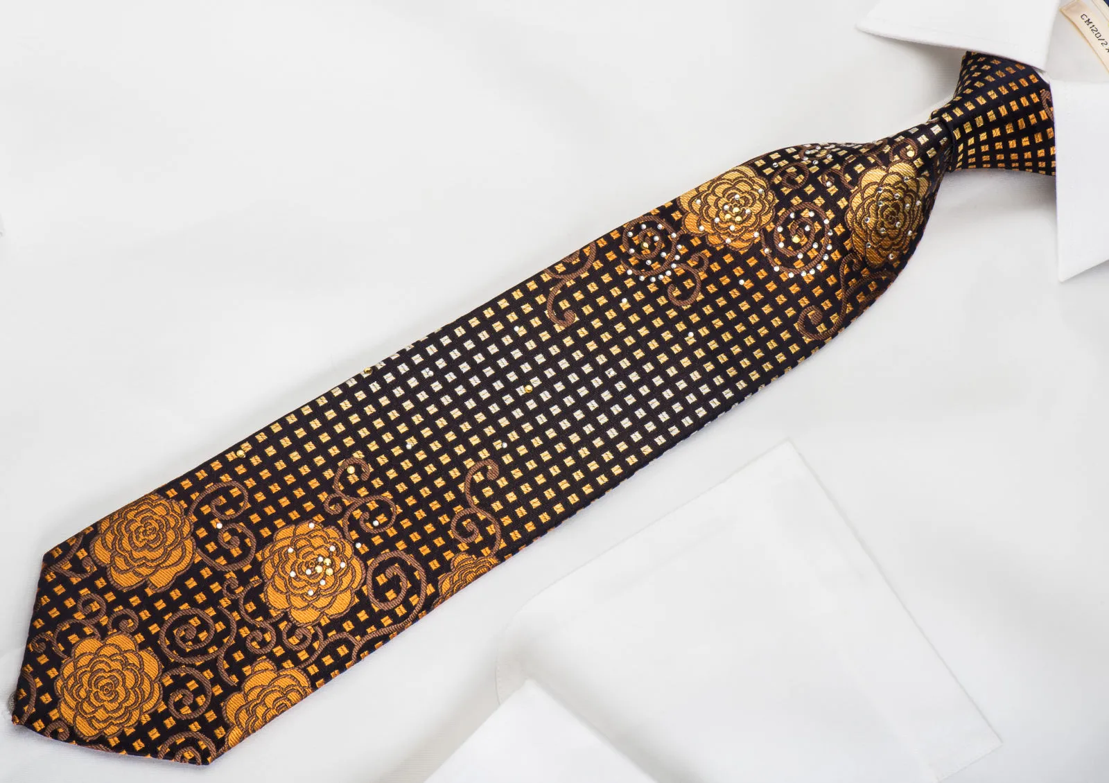 Rogers Dail Silk Necktie Orange Yellow Floral On Black With Rhinestones