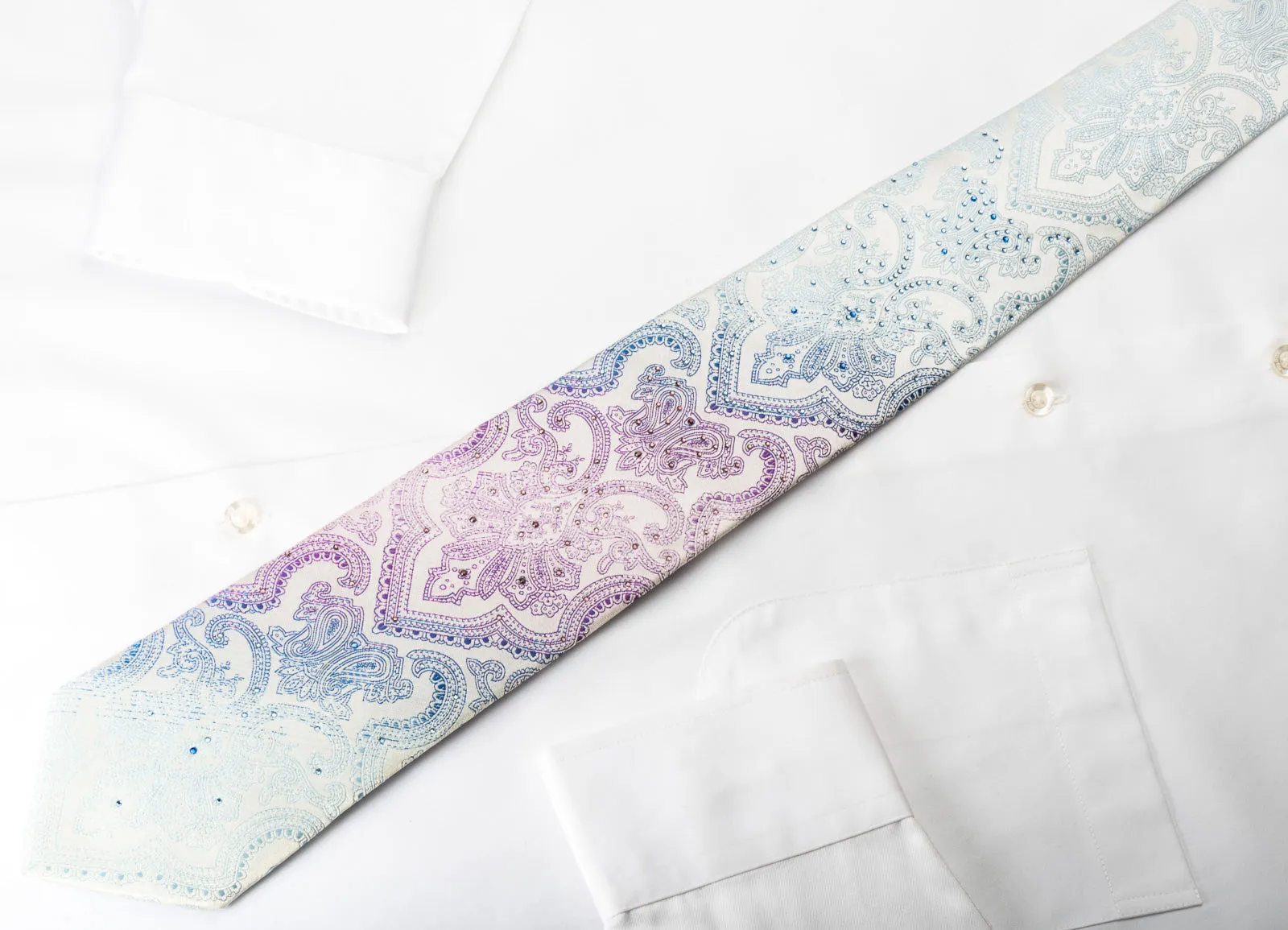 Roygen Rhinestone Tie Blue Purple Damask On White Silk