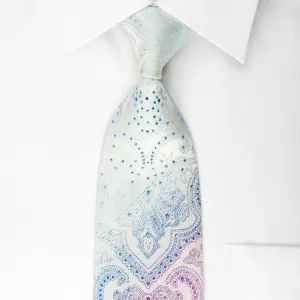 Roygen Rhinestone Tie Blue Purple Damask On White Silk