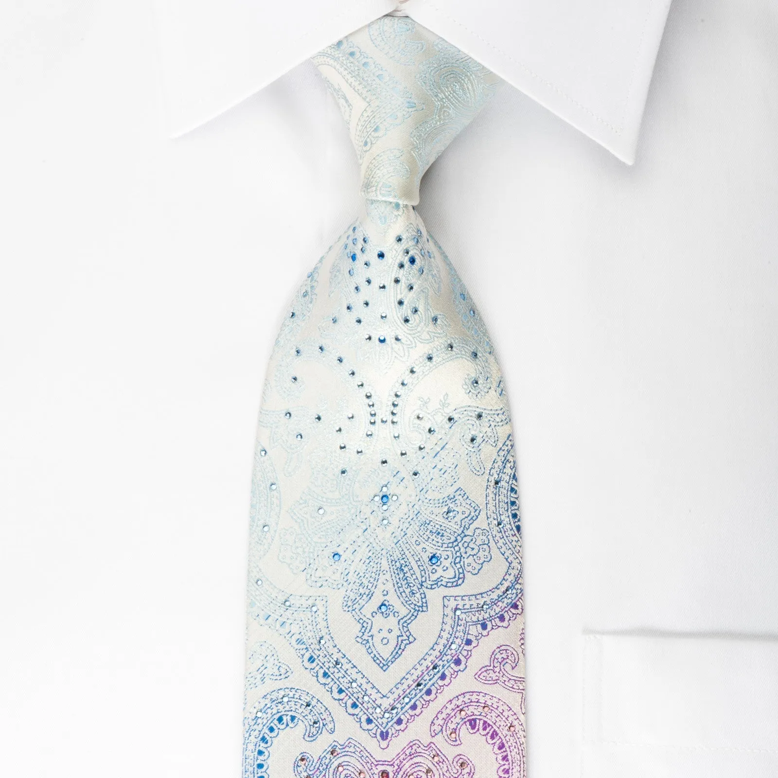Roygen Rhinestone Tie Blue Purple Damask On White Silk