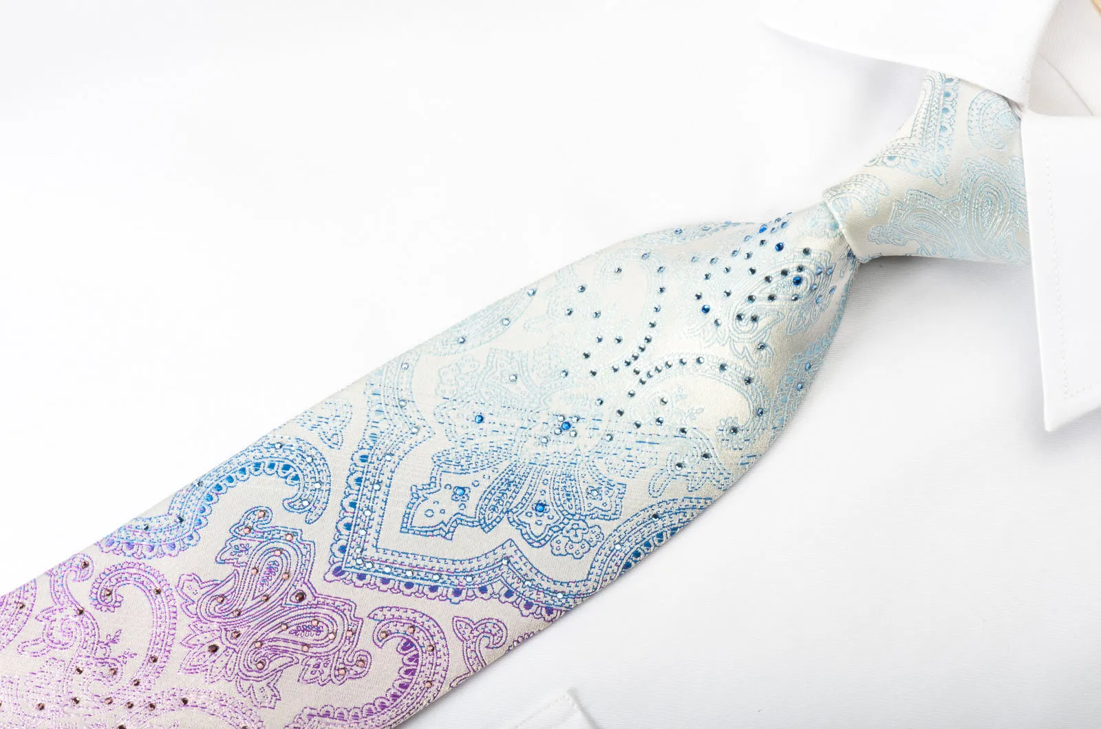 Roygen Rhinestone Tie Blue Purple Damask On White Silk