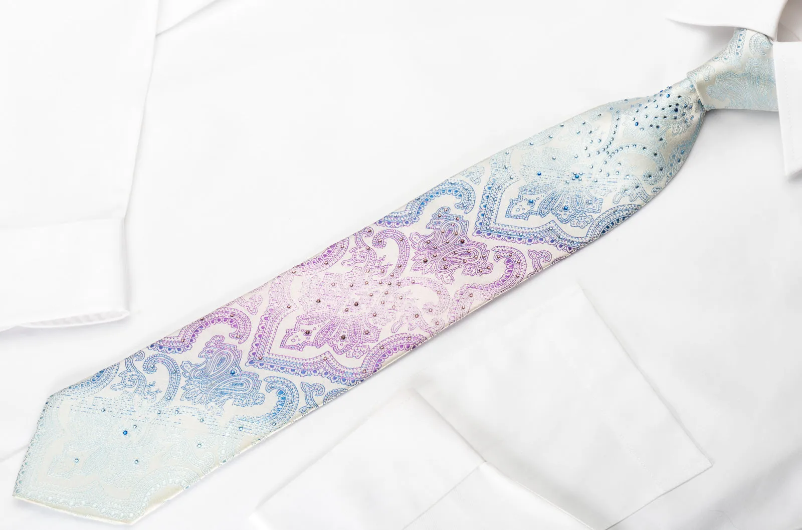 Roygen Rhinestone Tie Blue Purple Damask On White Silk