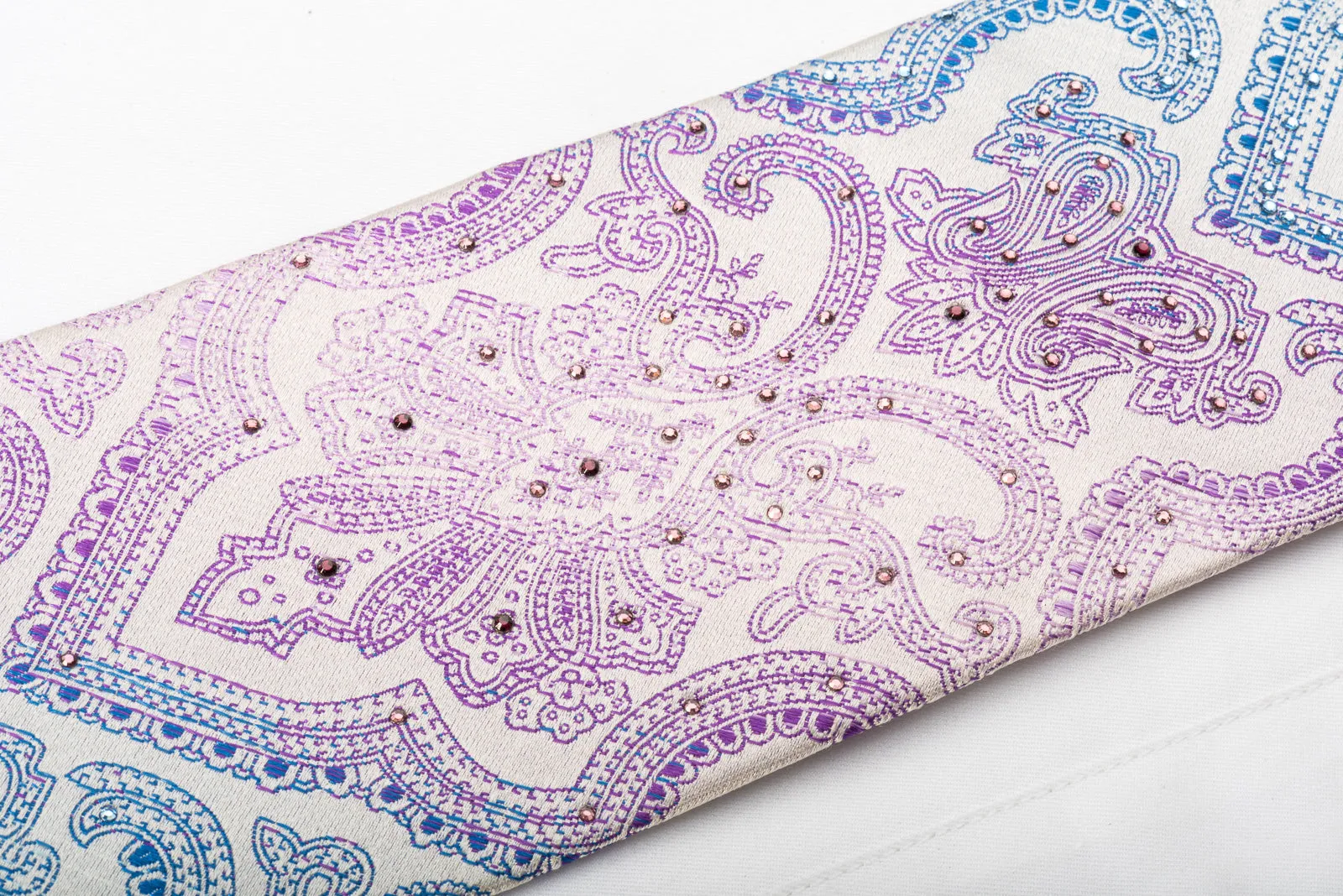 Roygen Rhinestone Tie Blue Purple Damask On White Silk