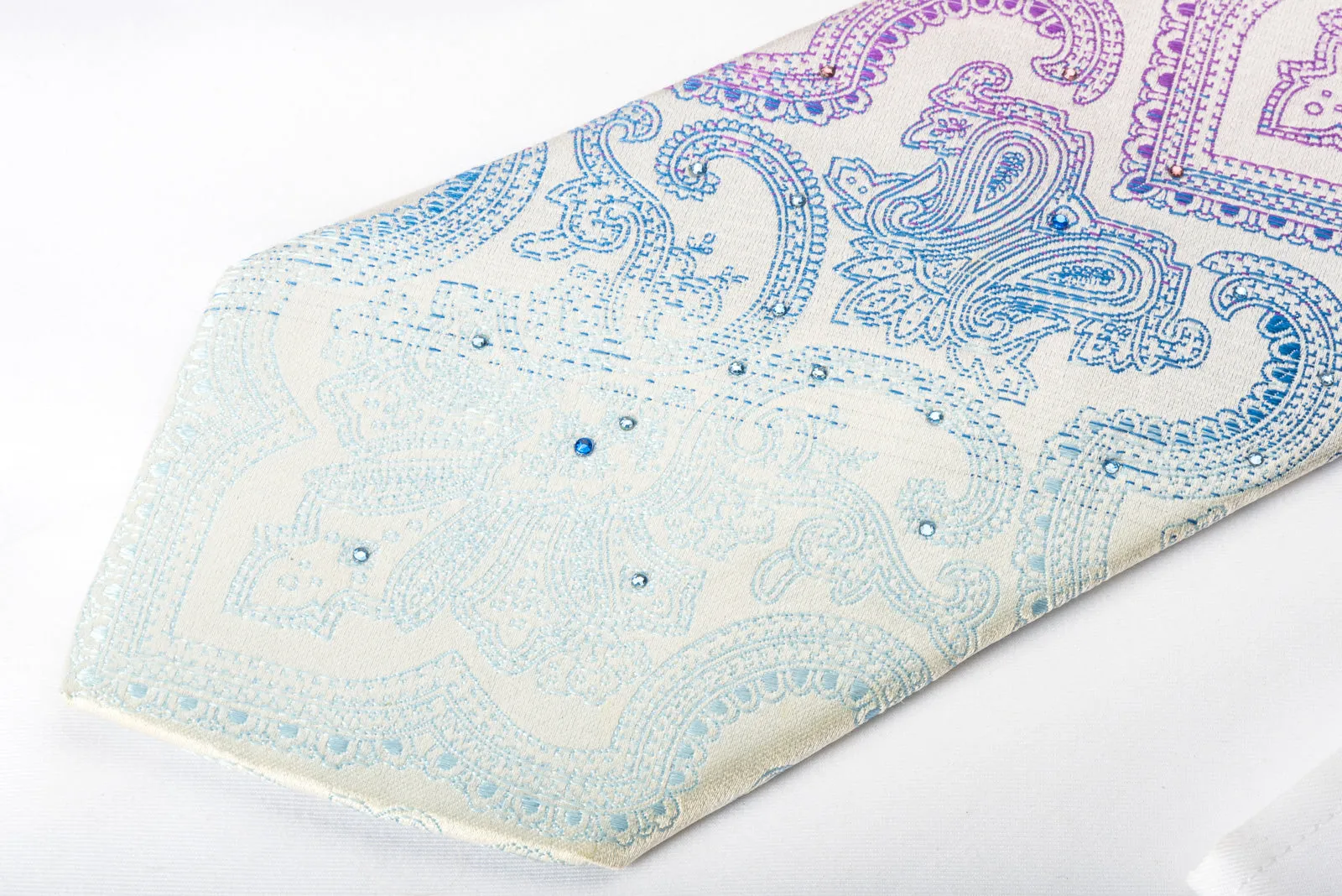 Roygen Rhinestone Tie Blue Purple Damask On White Silk